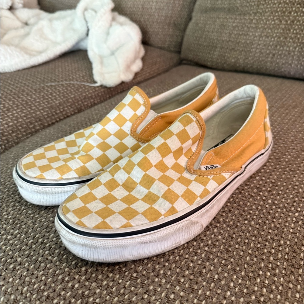 Vans Yellow and White Checkered Slip-On Shoes